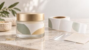 Glass skincare jar with a brushed gold lid and a muted green-and-gold geometric wrap label, surrounded by water droplets, oil, a roll of matching blank labels, clear film, and textured label material samples on a light stone surface.