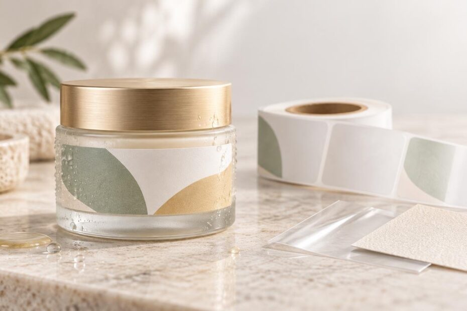 Glass skincare jar with a brushed gold lid and a muted green-and-gold geometric wrap label, surrounded by water droplets, oil, a roll of matching blank labels, clear film, and textured label material samples on a light stone surface.