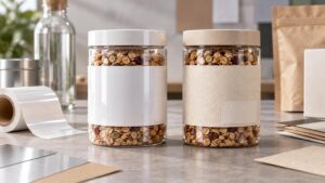 Two clear granola jars on a worktable compare a smooth white label with a textured natural-paper label, alongside a roll of glossy label stock and paper samples.