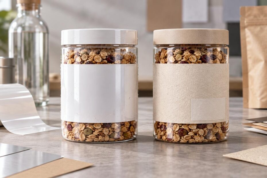 Two clear granola jars on a worktable compare a smooth white label with a textured natural-paper label, alongside a roll of glossy label stock and paper samples.