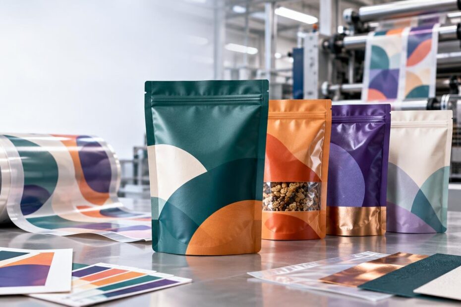 Four unbranded stand-up flexible pouches with different geometric color designs sit on a metal worktable beside a printed film roll and packaging-converting machinery.