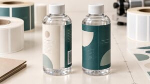 Two clear cylindrical bottles on a packaging worktable compare a light front-and-back label arrangement with a dark green wraparound label, surrounded by rolls of blank labels and printed design sheets.