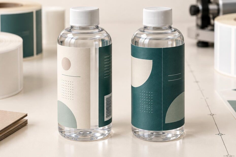 Two clear cylindrical bottles on a packaging worktable compare a light front-and-back label arrangement with a dark green wraparound label, surrounded by rolls of blank labels and printed design sheets.