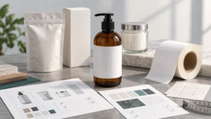 Unbranded packaging specification tabletop with a white stand-up pouch, plain carton, amber pump bottle with blank label, glass jar, roll of blank labels, sample sheets with package diagrams and check marks, and a metal ruler.