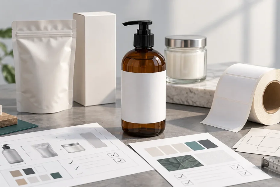 Unbranded packaging specification tabletop with a white stand-up pouch, plain carton, amber pump bottle with blank label, glass jar, roll of blank labels, sample sheets with package diagrams and check marks, and a metal ruler.
