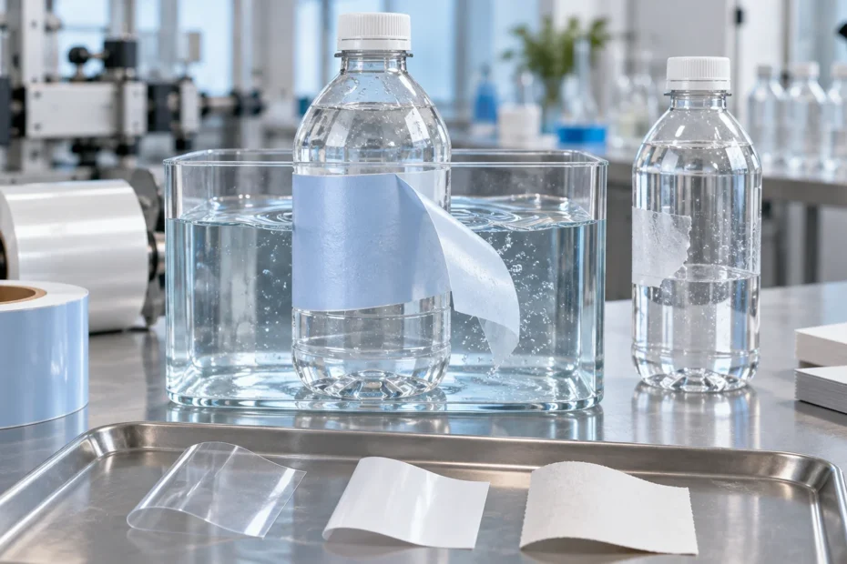 Two clear plastic bottles on a laboratory workbench demonstrate label removal: one sits in a water tank with a pale blue label peeling away, while another shows remaining label residue. Label-film rolls and sample materials sit nearby.