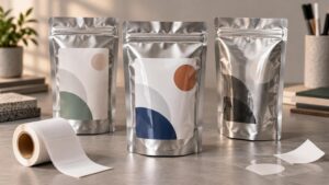 Three unbranded silver resealable stand-up pouches with large abstract geometric front labels on a tabletop, alongside a roll of blank labels and loose label material.