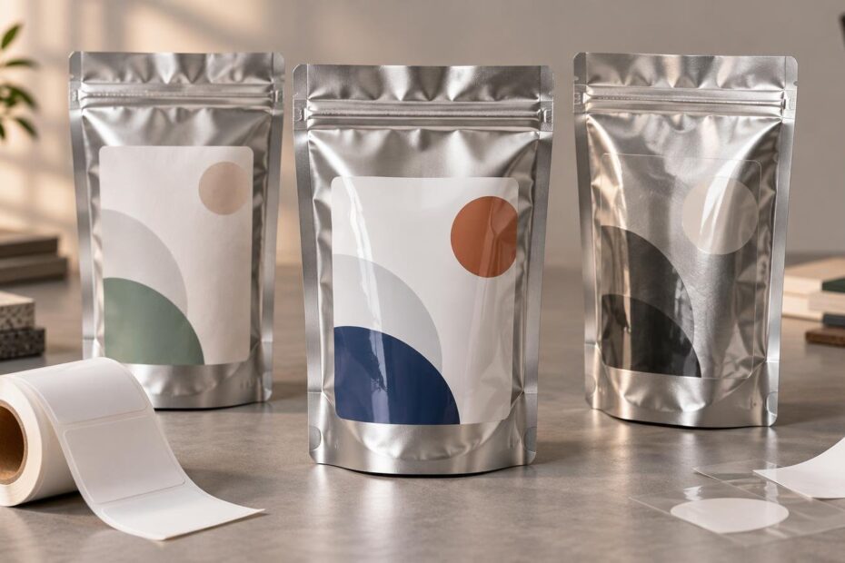 Three unbranded silver resealable stand-up pouches with large abstract geometric front labels on a tabletop, alongside a roll of blank labels and loose label material.