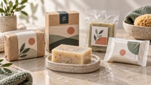 Handmade soap bar on a ceramic dish surrounded by kraft-paper banded boxes, a clear resealable pouch, and a white flow-wrapped package with simple botanical graphic labels.