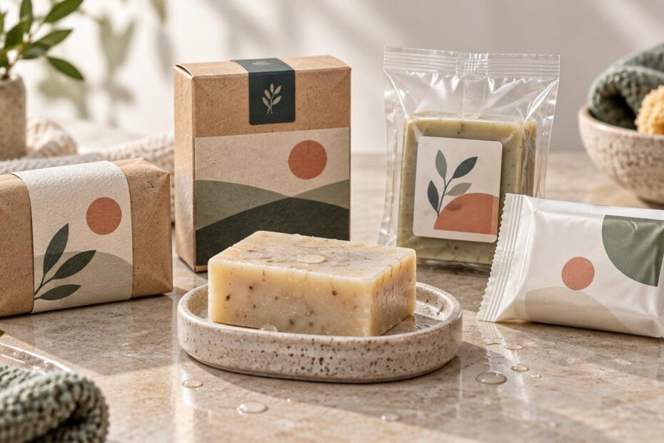 Handmade soap bar on a ceramic dish surrounded by kraft-paper banded boxes, a clear resealable pouch, and a white flow-wrapped package with simple botanical graphic labels.