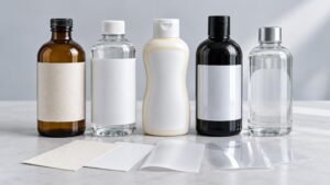 Five unbranded bottles with varied blank label materials, including textured paper, opaque white film, and clear transparent film, arranged with loose material swatches on a light tabletop.