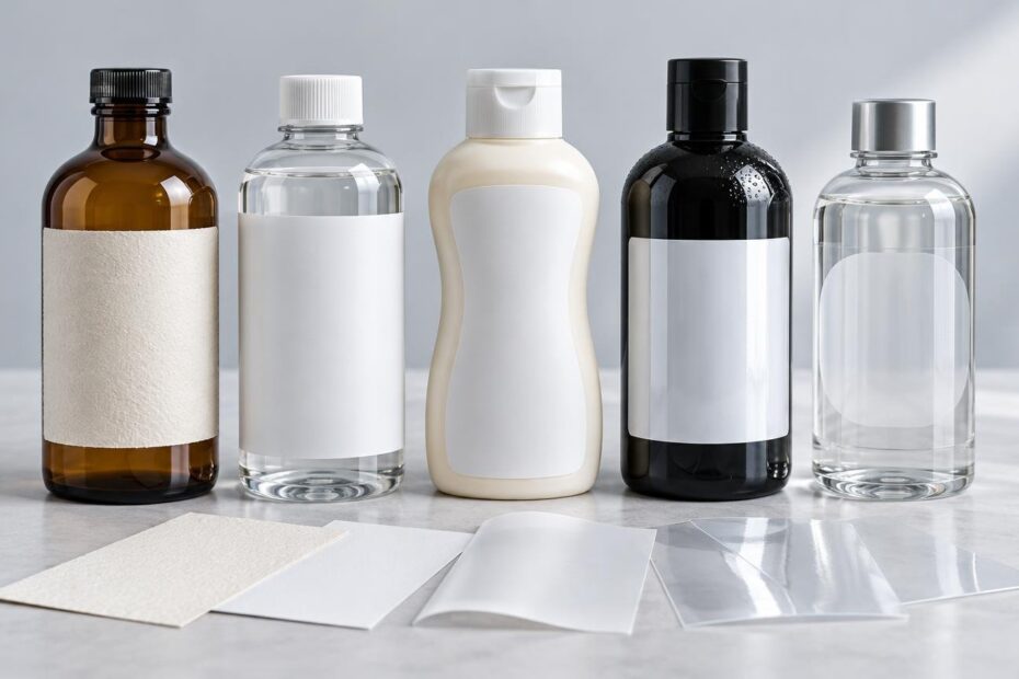 Five unbranded bottles with varied blank label materials, including textured paper, opaque white film, and clear transparent film, arranged with loose material swatches on a light tabletop.