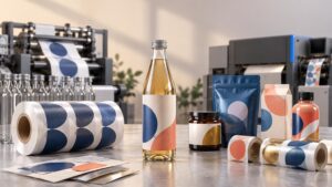 Rolls of patterned labels, a labeled glass bottle, pouch, carton, jar, and plastic bottle arranged on a worktable between two packaging-printing machines.