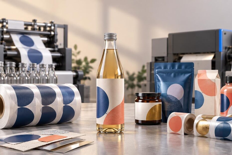 Rolls of patterned labels, a labeled glass bottle, pouch, carton, jar, and plastic bottle arranged on a worktable between two packaging-printing machines.