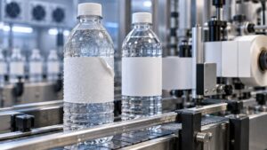 Condensation-covered clear plastic water bottles with blank white wrap labels move along a conveyor beside a label applicator; the foreground label is visibly peeling away from the wet bottle.