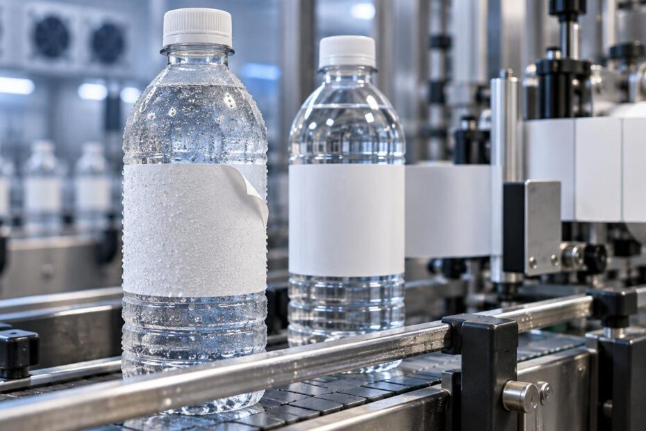 Condensation-covered clear plastic water bottles with blank white wrap labels move along a conveyor beside a label applicator; the foreground label is visibly peeling away from the wet bottle.