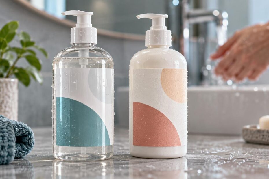 Two unbranded pump bottles with contrasting abstract paper labels stand on a wet bathroom counter beside a folded towel and soap dish, with wet hands blurred near a sink in the background.