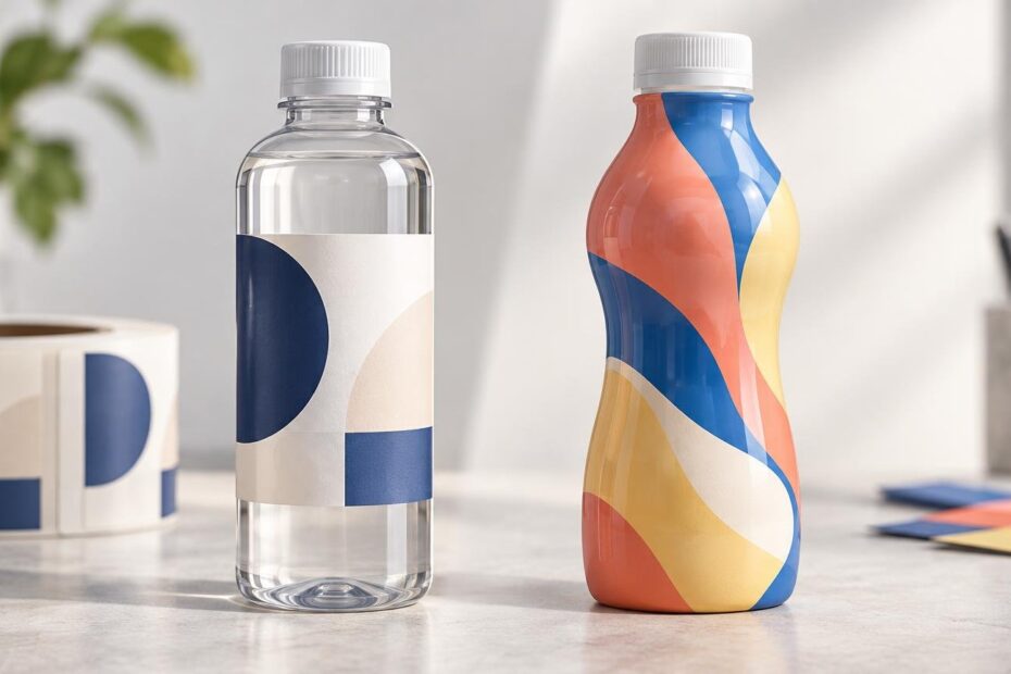 Two unbranded plastic bottles on a tabletop: a clear straight-sided bottle with a partial white-and-blue wrap label beside a contoured bottle covered in a colorful full-body sleeve; matching label rolls sit behind them.