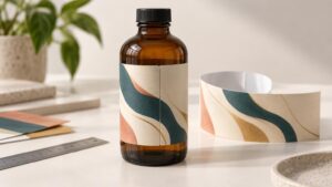 Amber glass bottle with a black ribbed cap and an abstract cream, teal, gold, and peach wraparound label, shown beside a curved loose label sheet and a metal ruler on a worktable.