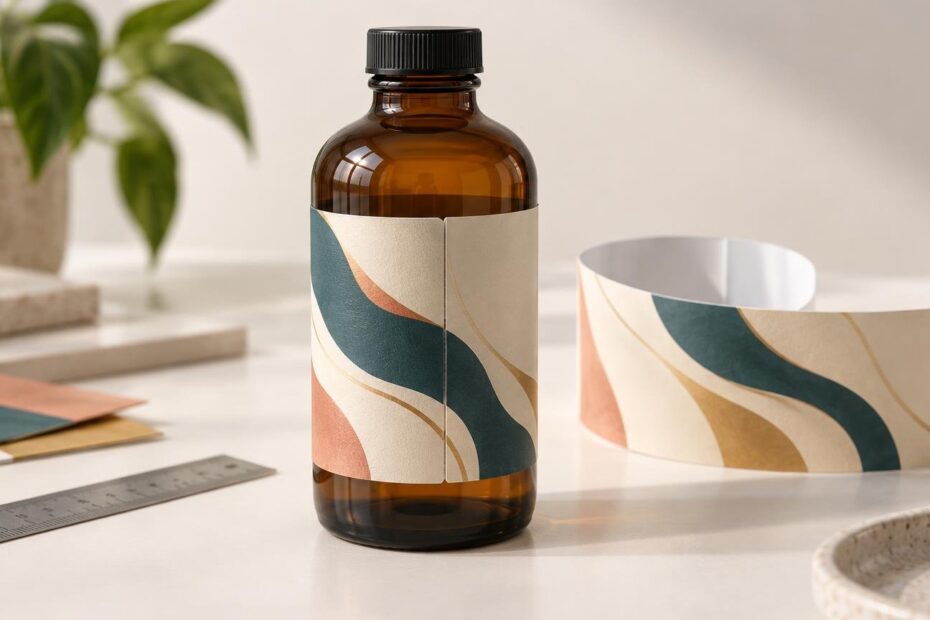 Amber glass bottle with a black ribbed cap and an abstract cream, teal, gold, and peach wraparound label, shown beside a curved loose label sheet and a metal ruler on a worktable.